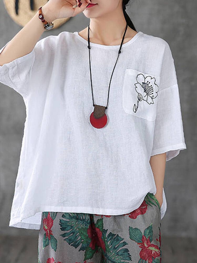 100% Bomull Lös O-ringad Raglan Broderi Blus