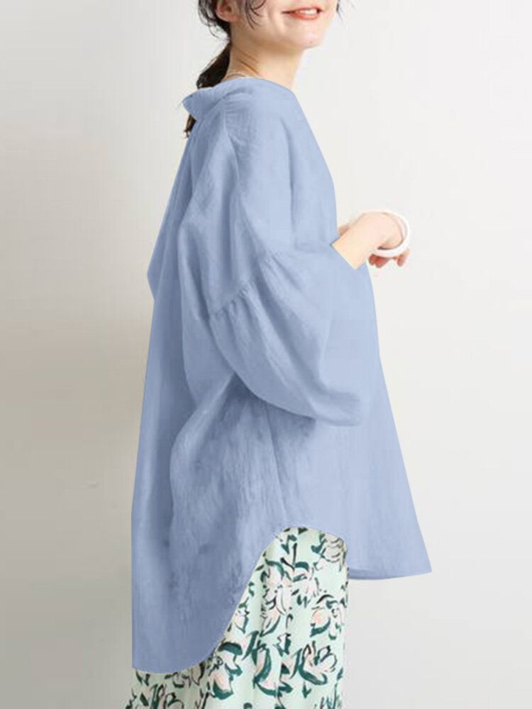 100% Bomull Solid Bohemian Leisure Helärmad Blus För Dam