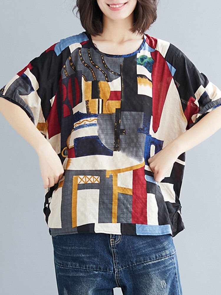 Abstrakt Tryck Rund Hals Lös Casual Halvärm Vintage Blusar För Kvinnor