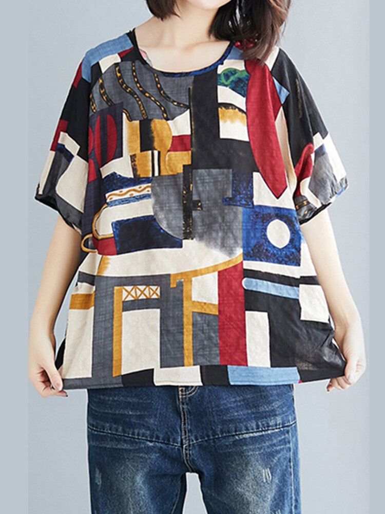 Abstrakt Tryck Rund Hals Lös Casual Halvärm Vintage Blusar För Kvinnor