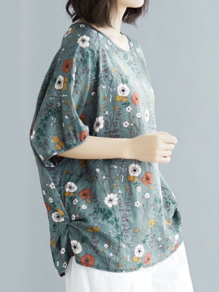 Abstrakt Tryck Rund Hals Lös Casual Halvärm Vintage Blusar För Kvinnor