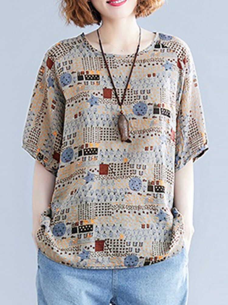 Abstrakt Tryck Rund Hals Lös Casual Halvärm Vintage Blusar För Kvinnor