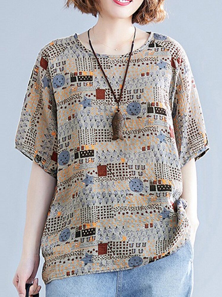 Abstrakt Tryck Rund Hals Lös Casual Halvärm Vintage Blusar För Kvinnor