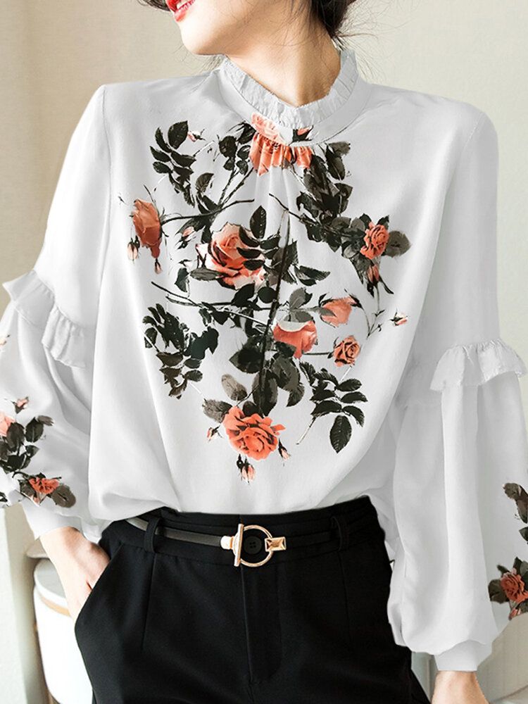 Blommönster Lantern Sleeve Halvkrage Blus För Dam