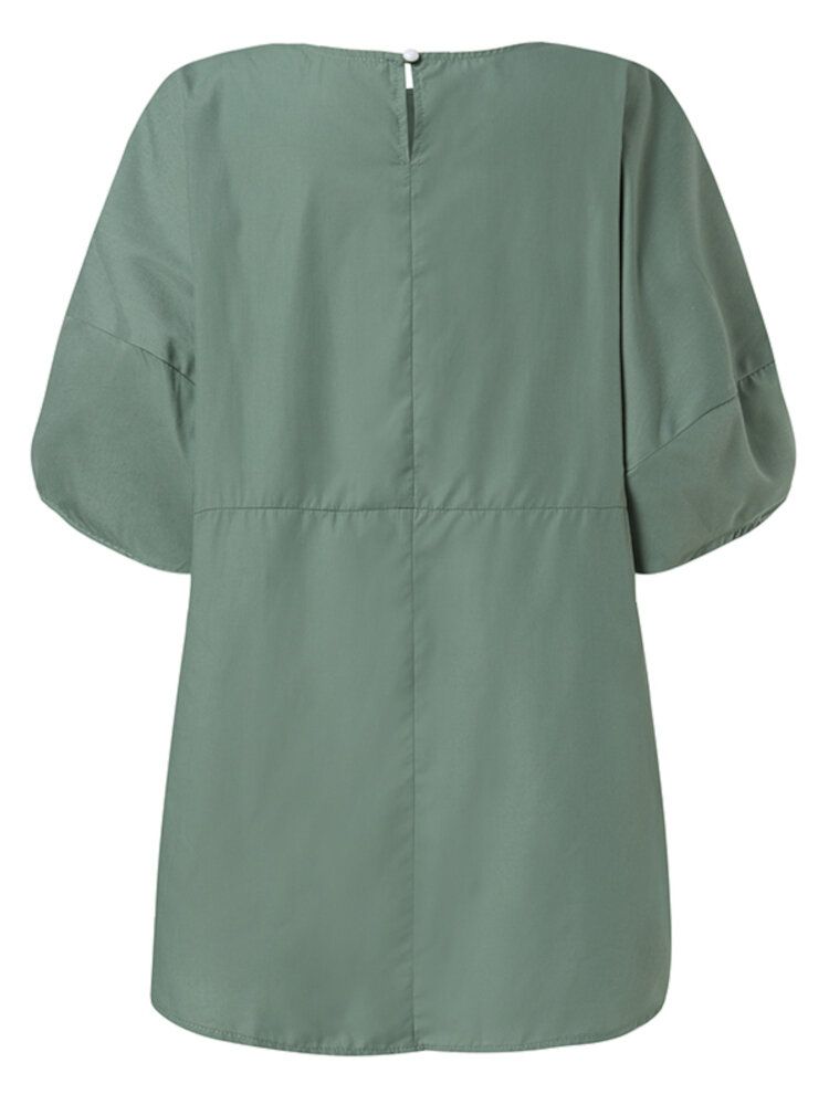 Casual Puffärm Med Rund Hals Hög Låg Nederkant Bakknäppningsblus För Kvinnor