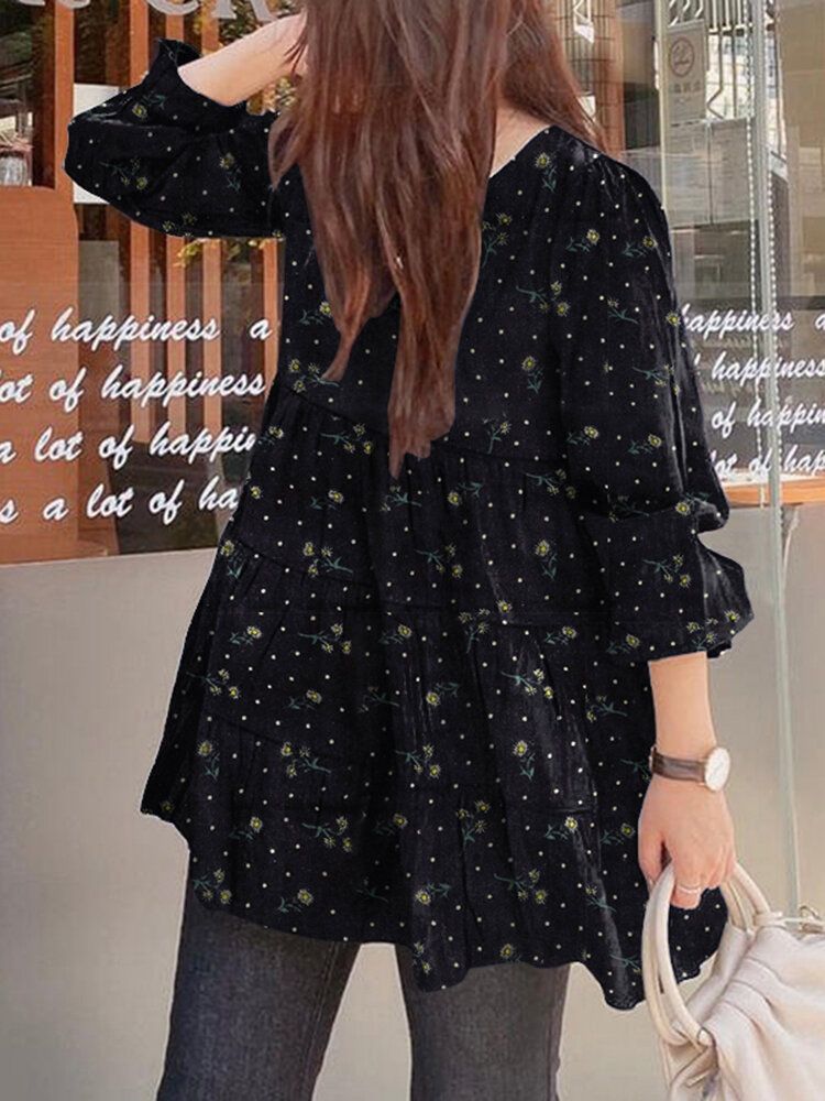 Casual Puffärm Rundhalsad Långärmad Skarvad Vintage Plisserad Blus För Kvinnor