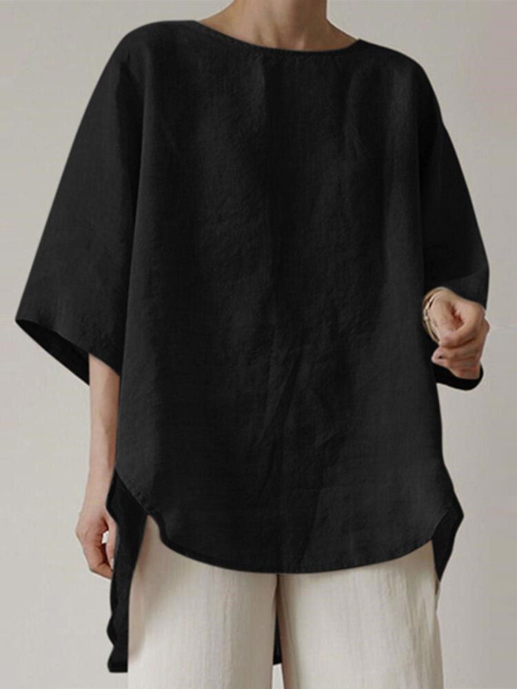 Dam 100% Bomull Casual Hög Låg Solid Blus Med Rund Hals Loose Fit