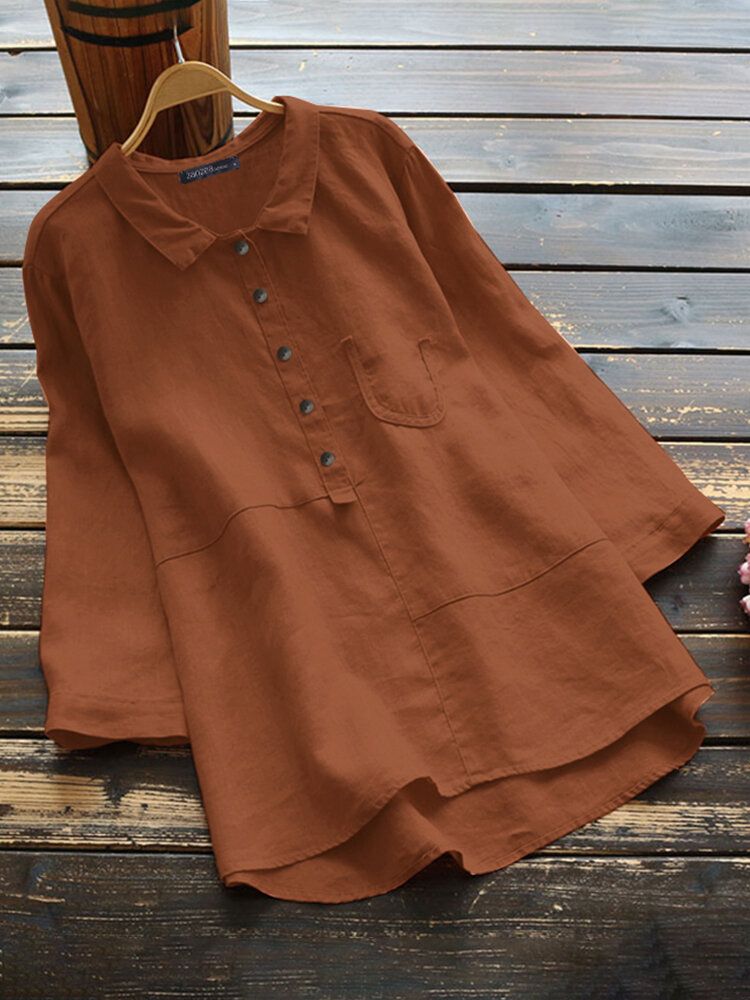 Dam Bomull Ensfärgad Hög-låg Fåll 3/4-ärm Button Casual Blus