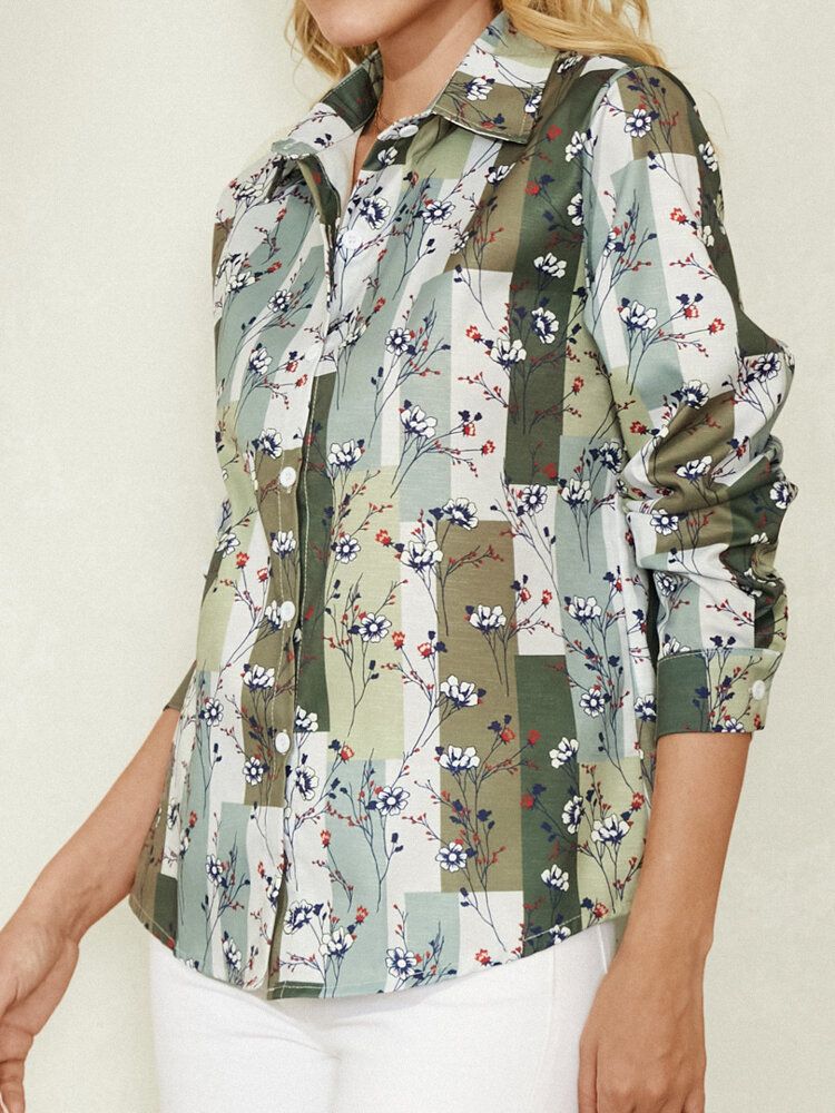 Dam Calico Print Blockrandiga Lapel Casual Långärmade Skjortor