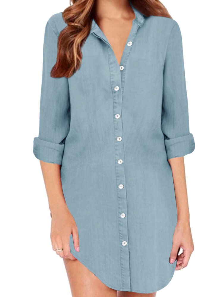 Dam Enfärgade Hela Knappar Långärmad Lapel Collar Casual Blusar