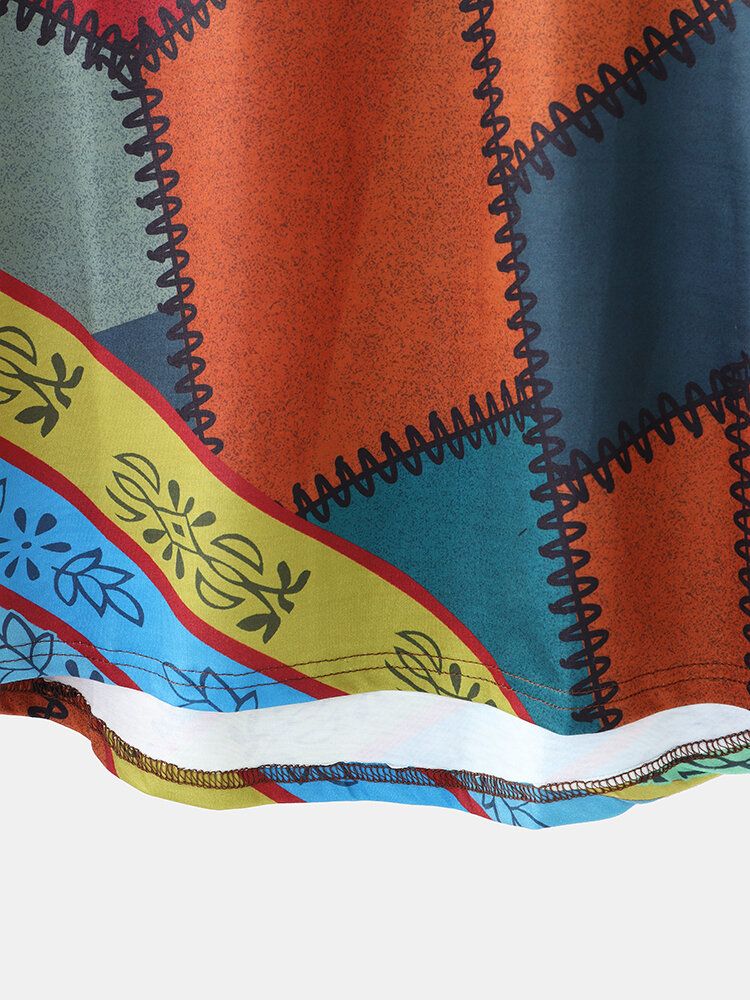 Dam Färgblock Patchwork Etnisk Stil O-ringad Casual Långärmad Blus