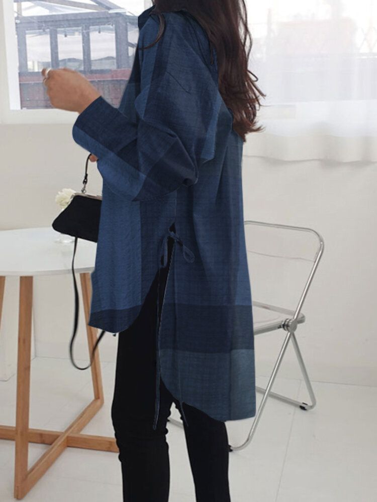 Dam Plädad Snörning Fin Design Lepel Blus Med Delad Fåll
