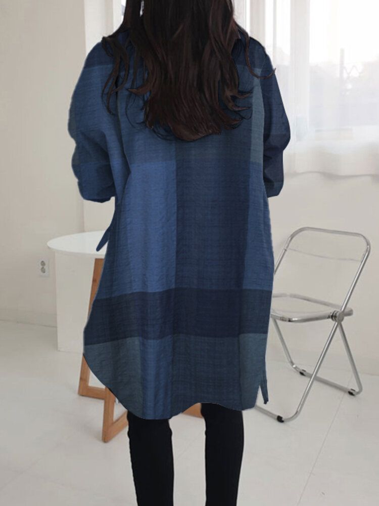 Dam Plädad Snörning Fin Design Lepel Blus Med Delad Fåll