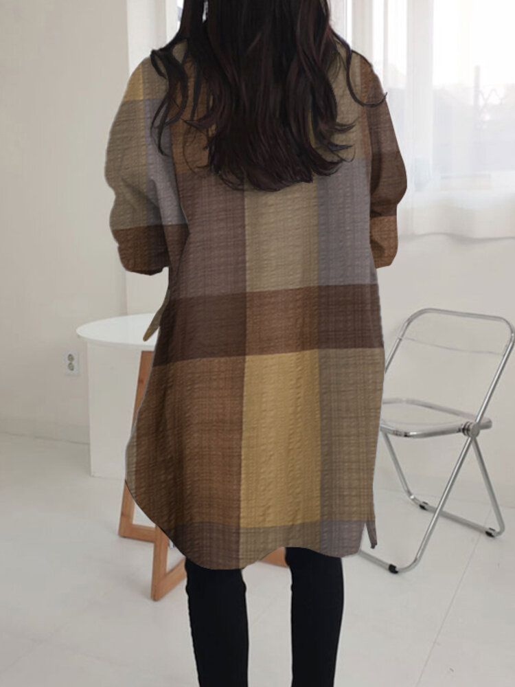 Dam Plädad Snörning Fin Design Lepel Blus Med Delad Fåll