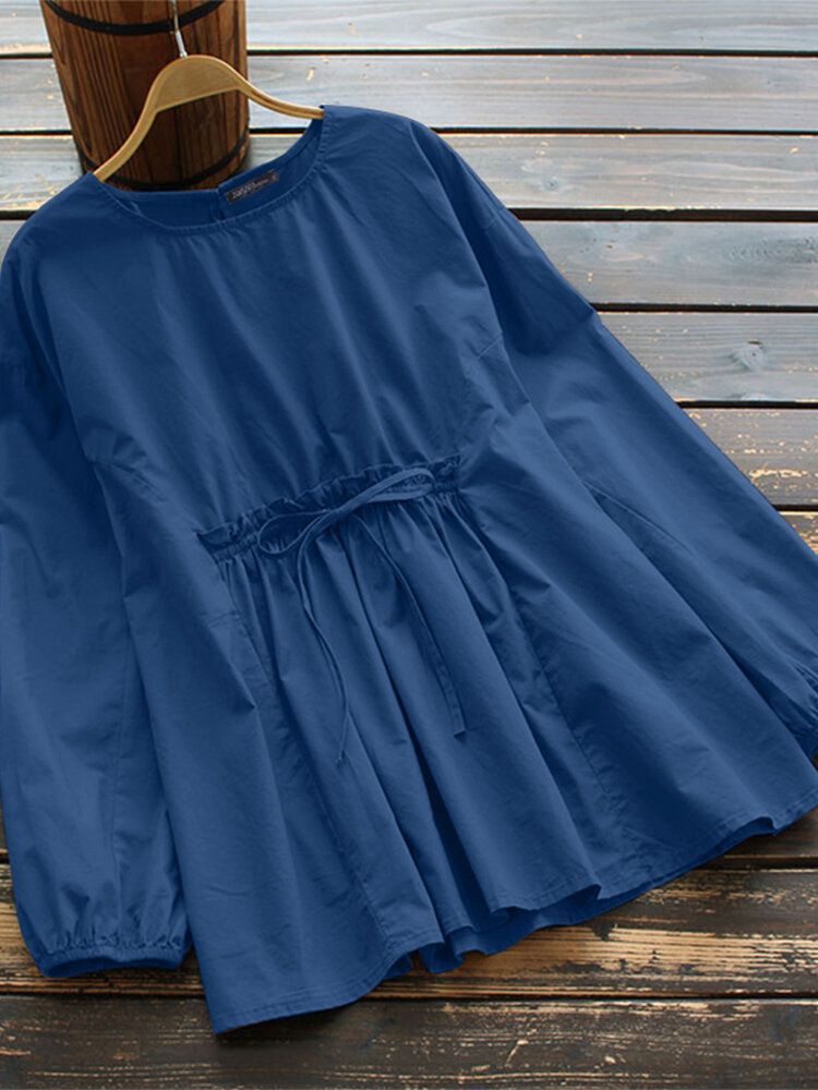Dam Vintage Bomull Elastisk Midja Snörning Enfärgad Blus