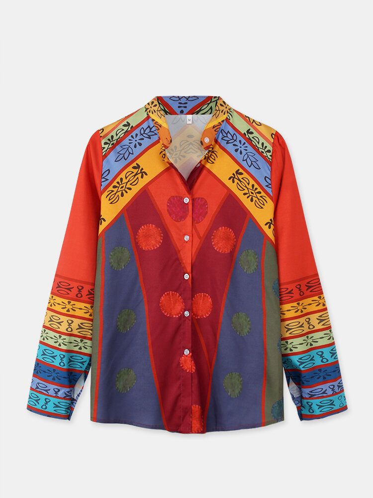 Dam Vintage Colorblock Print Stand Collar Långärmad Skjorta Med Knapp
