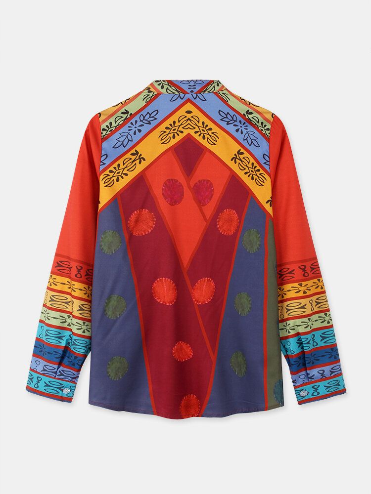 Dam Vintage Colorblock Print Stand Collar Långärmad Skjorta Med Knapp