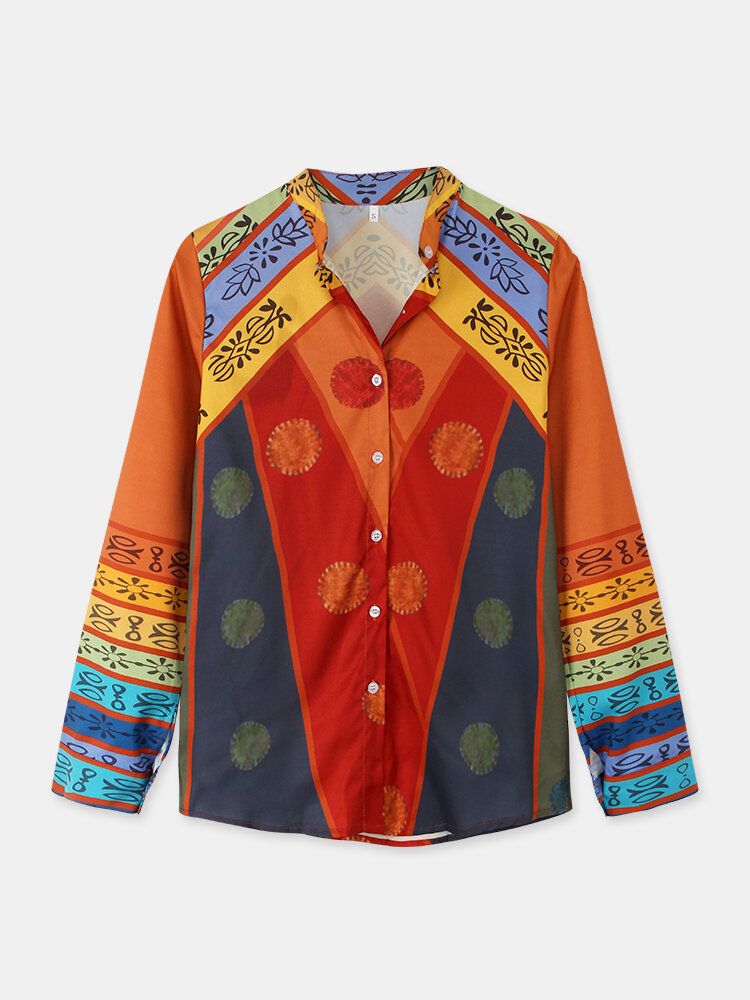 Dam Vintage Colorblock Print Stand Collar Långärmad Skjorta Med Knapp