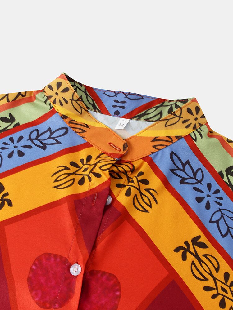 Dam Vintage Colorblock Print Stand Collar Långärmad Skjorta Med Knapp