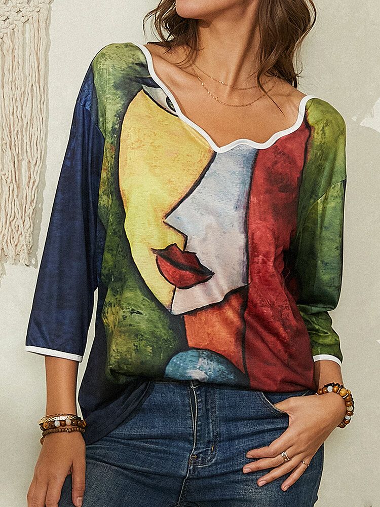 Damporträtt Abstrakt Konsttryck Asymmetrisk Krage Casual Blus