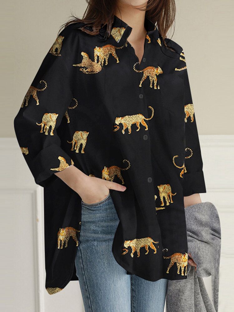 Djurtryck Hög-låg Knappficka Lapel Loose Shirt