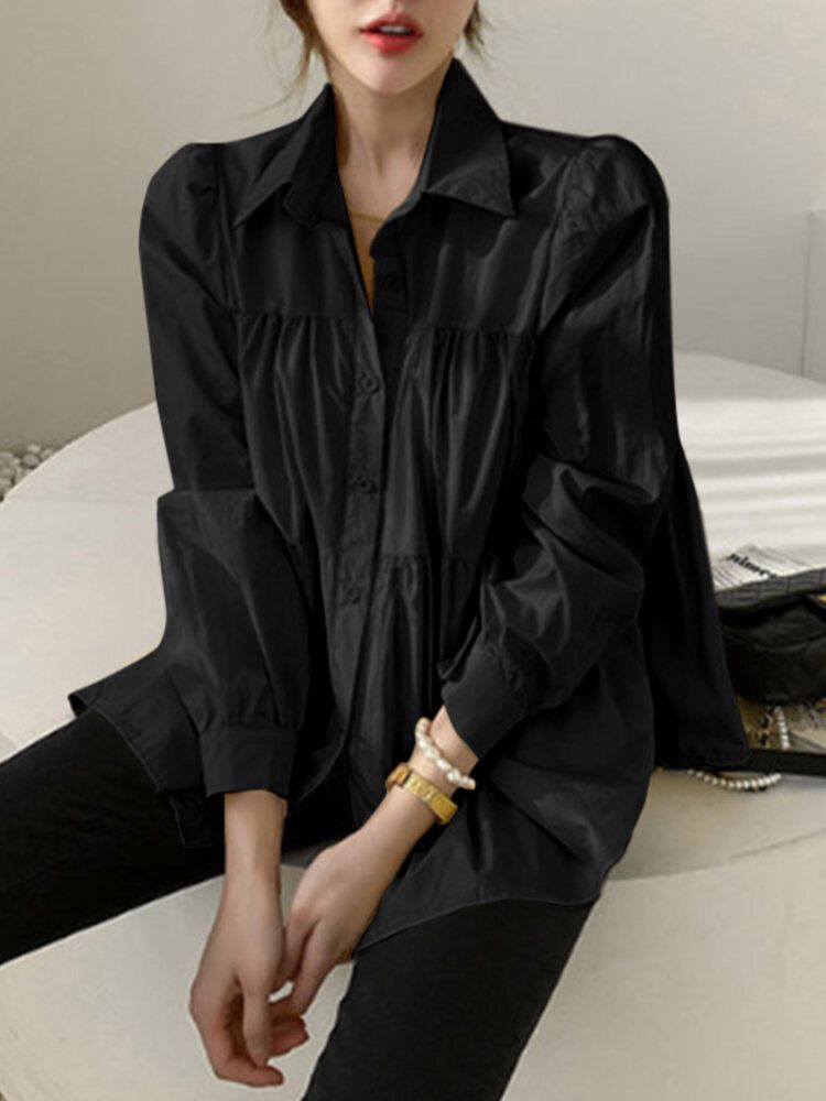 Kvinna Puffärm Retro Solid Layered Blus