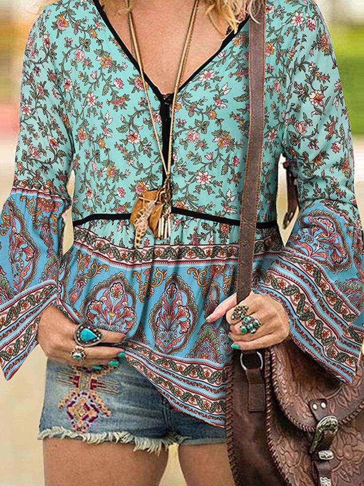 Kvinnor Bohemian Retro Blomstertryck V-ringad Knälånga Casual Blusar