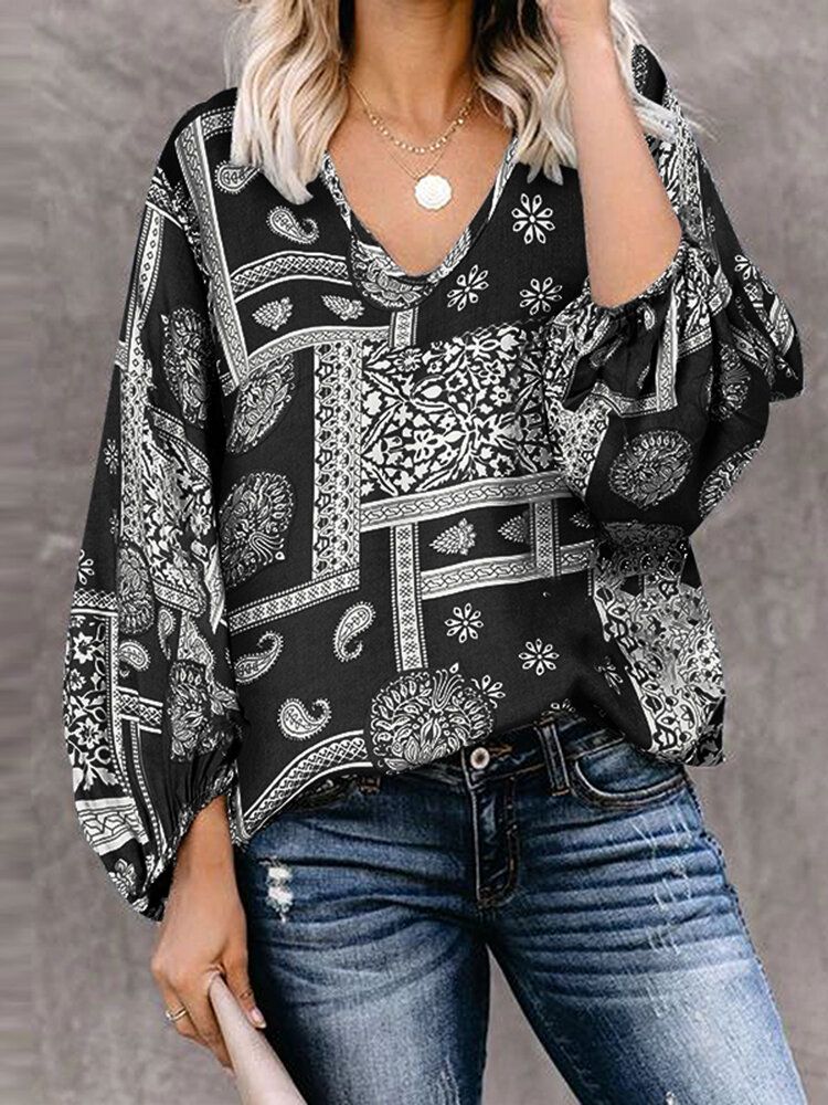 Kvinnor Bohemian Retro Puff Sleeve Printing Quarter Sleeve Casual Blusar