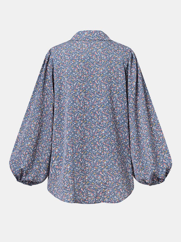 Kvinnor Ditsy Blommigt Print Lapel Lantern Sleeve Retro Blusar