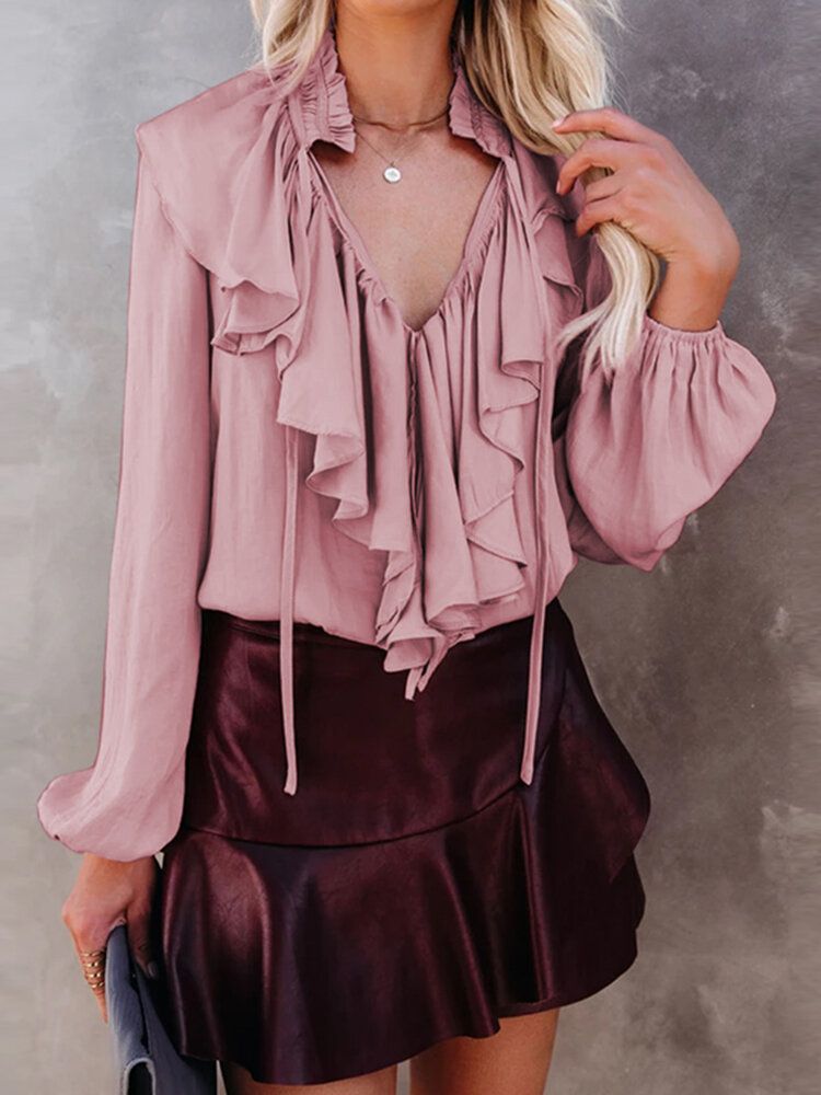 Kvinnor Enfärgad Ruffle Tie Neck Casual Långärmade Blusar