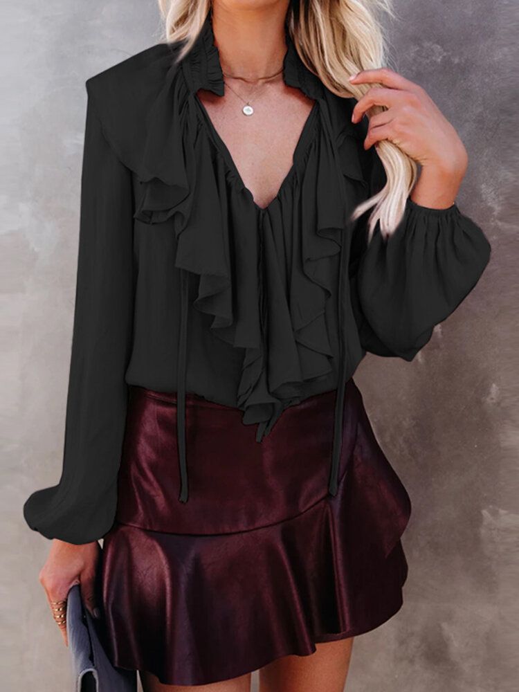 Kvinnor Enfärgad Ruffle Tie Neck Casual Långärmade Blusar