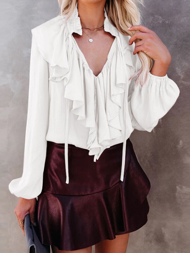 Kvinnor Enfärgad Ruffle Tie Neck Casual Långärmade Blusar