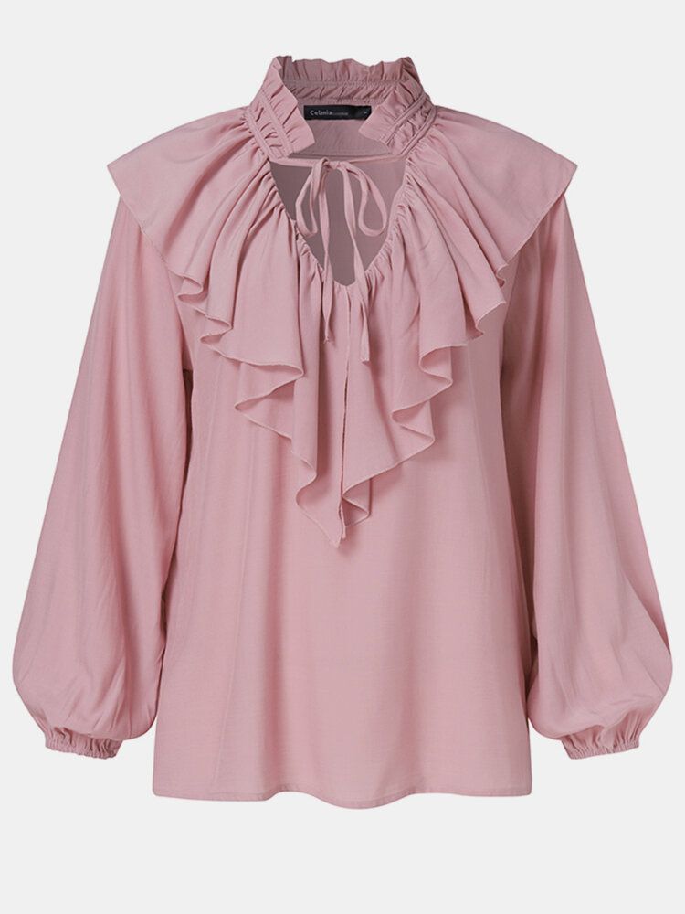 Kvinnor Enfärgad Ruffle Tie Neck Casual Långärmade Blusar