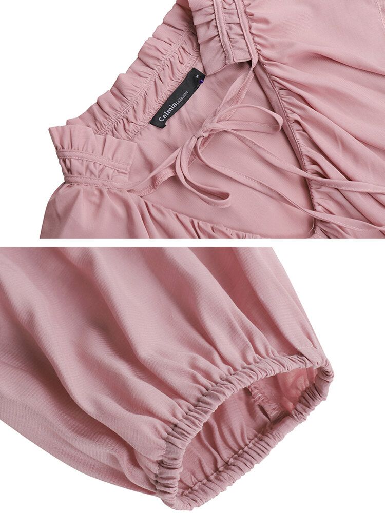 Kvinnor Enfärgad Ruffle Tie Neck Casual Långärmade Blusar