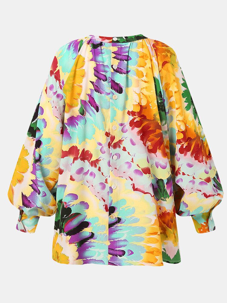 Kvinnor Färgglada Blommor Utskrift Puffärm Back Button Casual Blus