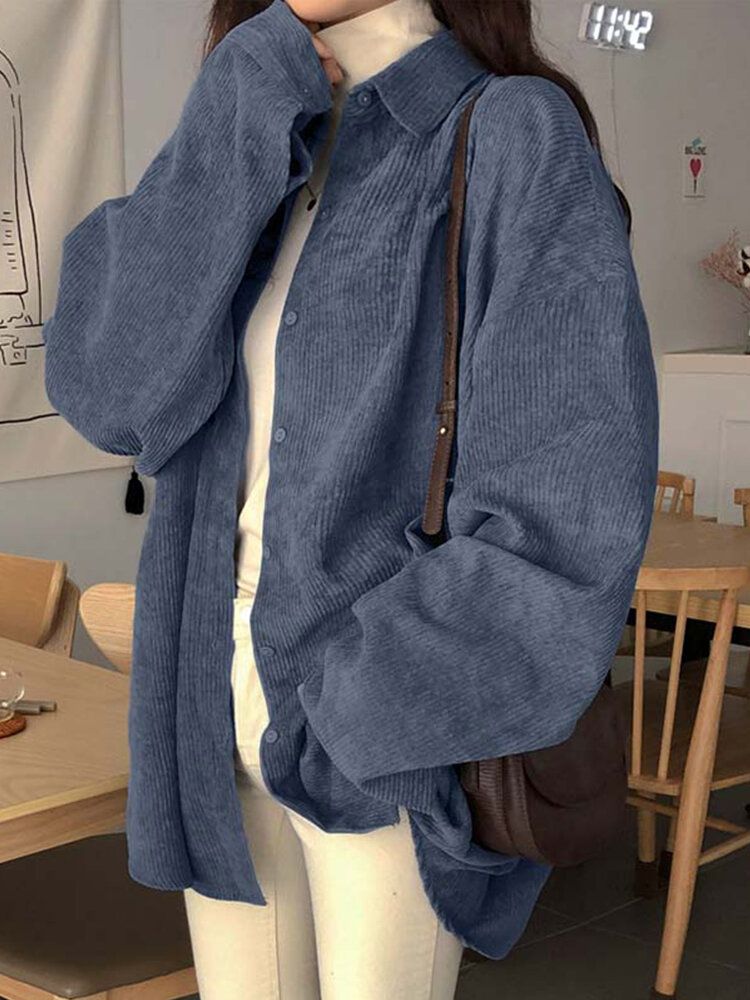 Kvinnor Manchester Casual Mild Work Wear Button Up Långärmad Solid Blus