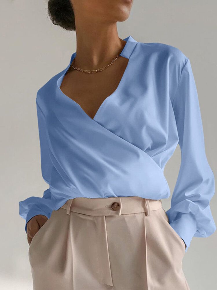 Kvinnor Office Wild Solid Color Cross Placket Irregular Shirts