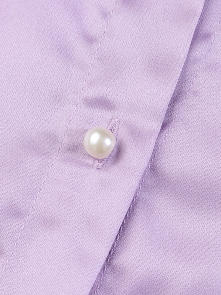 Kvinnor Puffärm Lapel Flap Lantern Sleeve Button Decoration Pocket Shirts