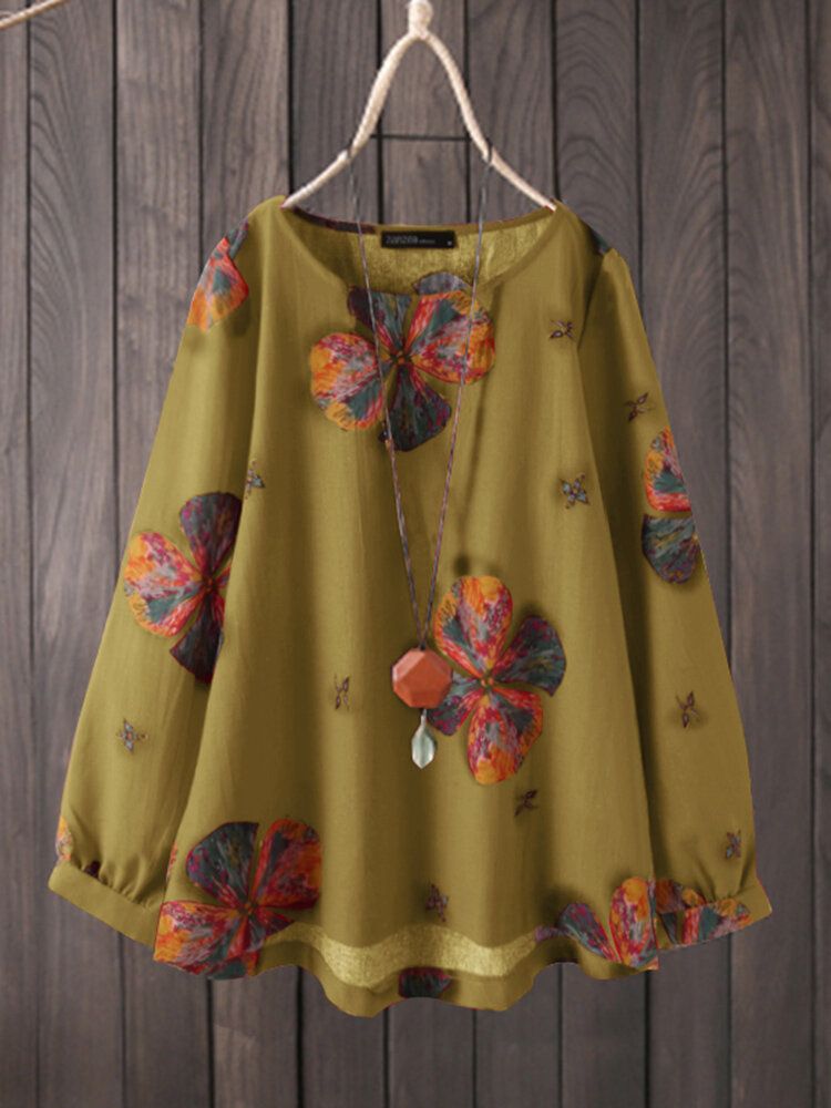 Kvinnor Retro Bomull Vintage Blommigt Tryck Rund Hals Långärmad Blus