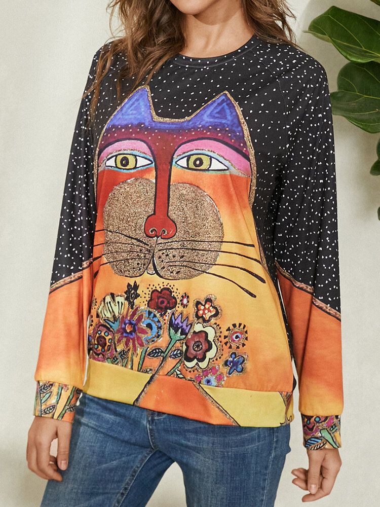 Kvinnor Tecknad Cat Spot Print Rundhalsad Casual Raglan Ärmblus