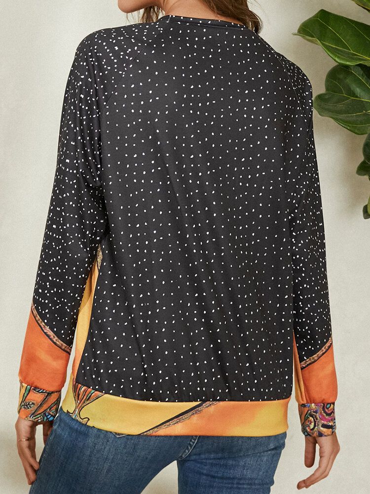 Kvinnor Tecknad Cat Spot Print Rundhalsad Casual Raglan Ärmblus