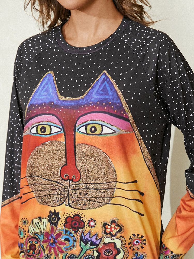 Kvinnor Tecknad Cat Spot Print Rundhalsad Casual Raglan Ärmblus