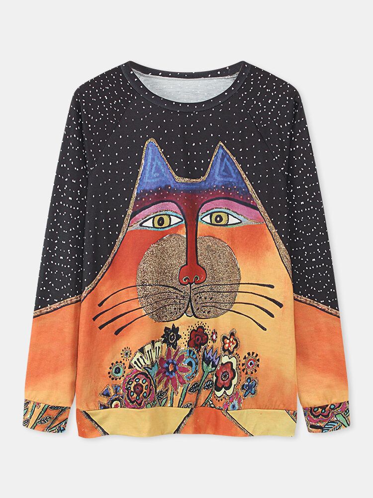Kvinnor Tecknad Cat Spot Print Rundhalsad Casual Raglan Ärmblus