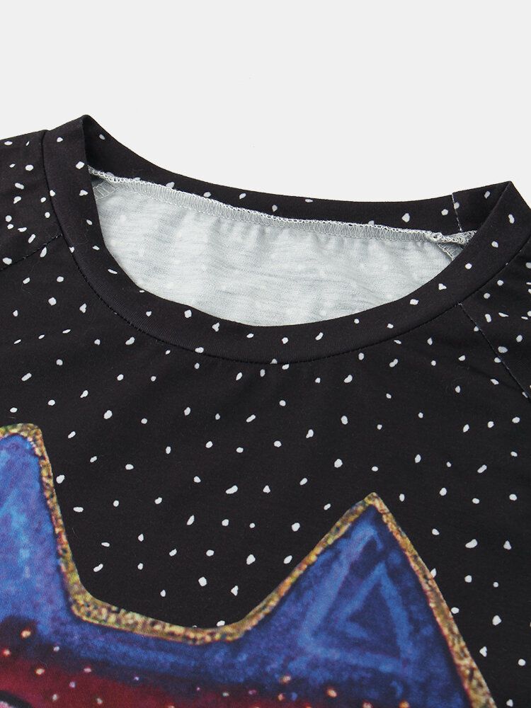 Kvinnor Tecknad Cat Spot Print Rundhalsad Casual Raglan Ärmblus