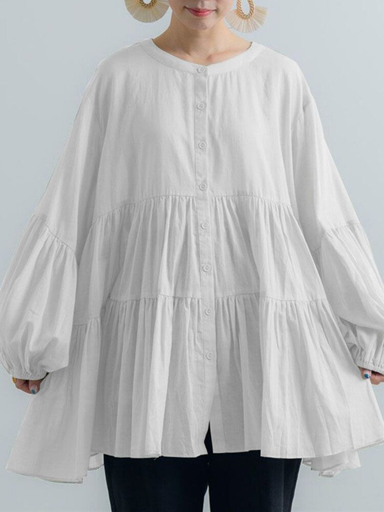 Puff Sleeve Solid Bohemian Retro Style Blus