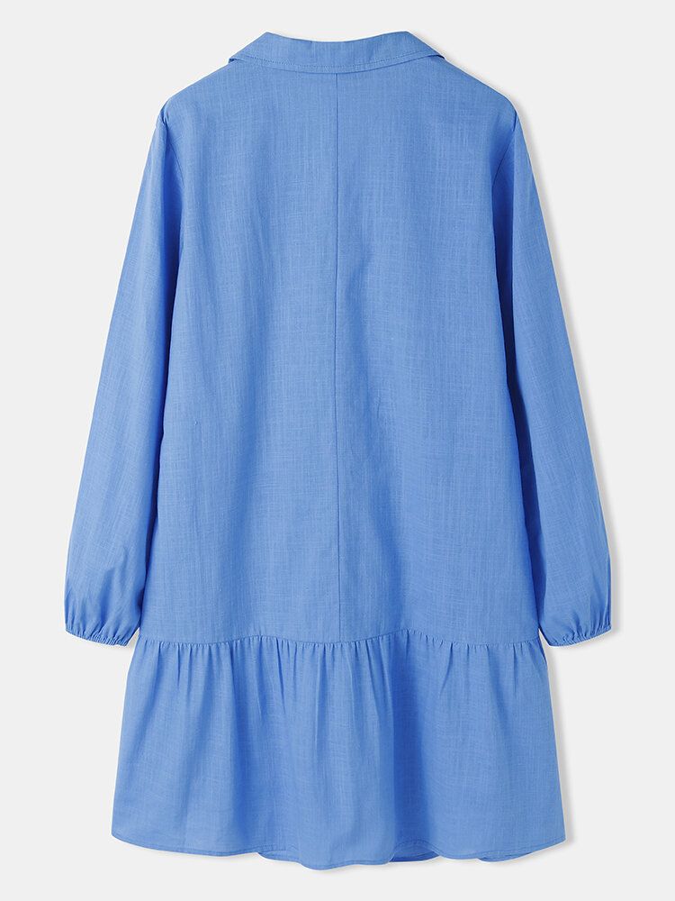 Puffärm Lapel Plisserade Sömmar Elastiska Manschetter Solid Daily Casual Bomullsblus För Kvinnor