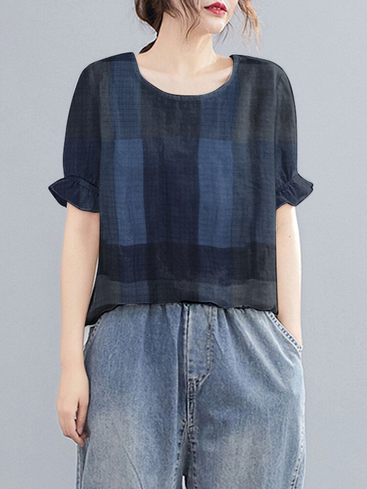 Rutig Rufsig Kortärmad Rundhalsad Casual Blus
