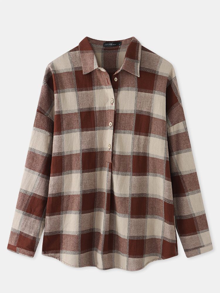 Rutigt Tryck Vintage Knapp Lös Slagkrage Långärmad Casual Blus För Kvinnor
