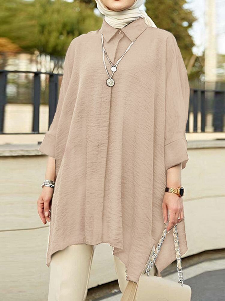Solid Batwing Sleeve Button Delad Dold Placket Lapel Shirt