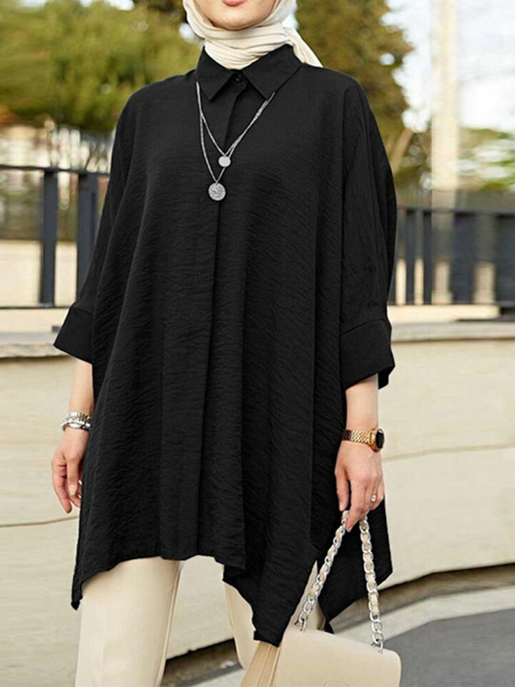 Solid Batwing Sleeve Button Delad Dold Placket Lapel Shirt